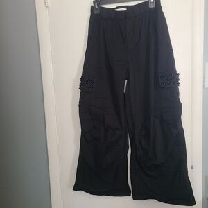 Women Baggy Cargo  Pants  Black Y2K Strait Wide Leg Side Beaded Pockets Size M
